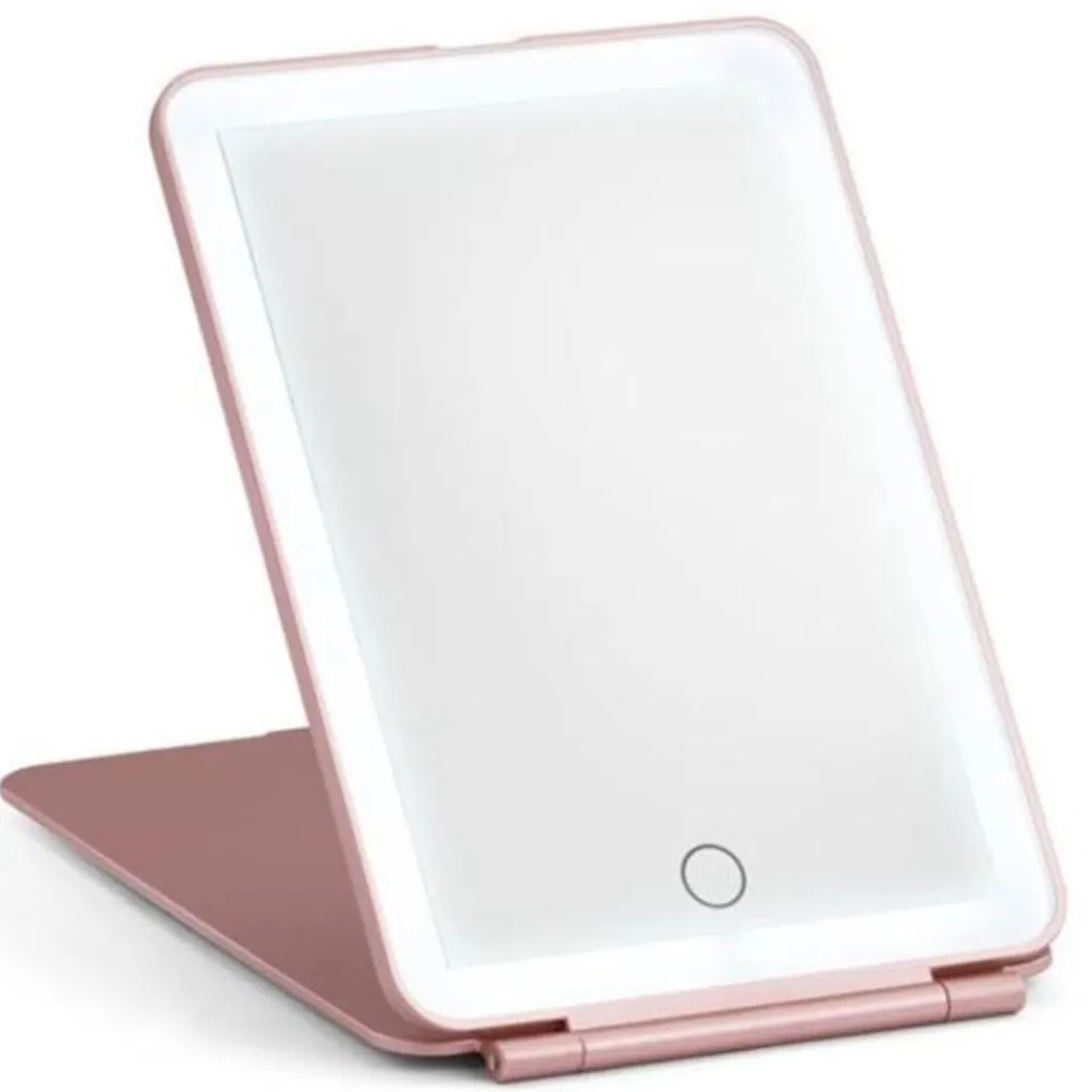 Sale UNIQ Opvouwbare LED Make‑upspiegel (USB oplaadbaar) – Reisspiegel met 3 Lichtstanden, Roze Make-Up Spiegels