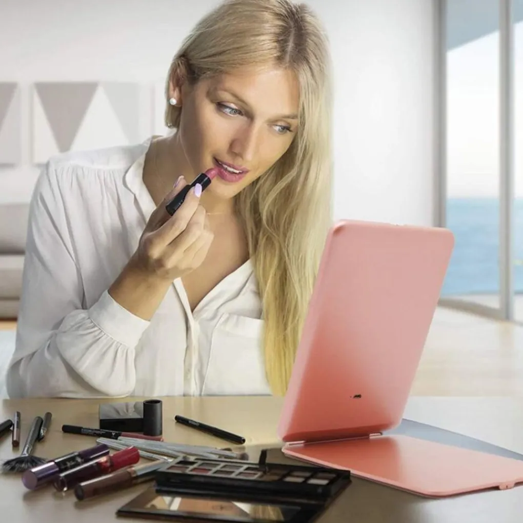 Sale UNIQ Opvouwbare LED Make‑upspiegel (USB oplaadbaar) – Reisspiegel met 3 Lichtstanden, Roze Make-Up Spiegels