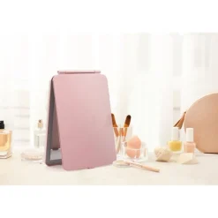 Sale UNIQ Opvouwbare LED Make‑upspiegel (USB oplaadbaar) – Reisspiegel met 3 Lichtstanden, Roze Make-Up Spiegels